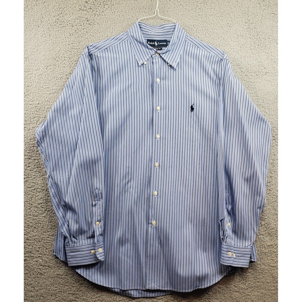 Ralph Lauren Shirt Mens 16.5 34/35 Blue Striped Classic Fit Button-front Pony